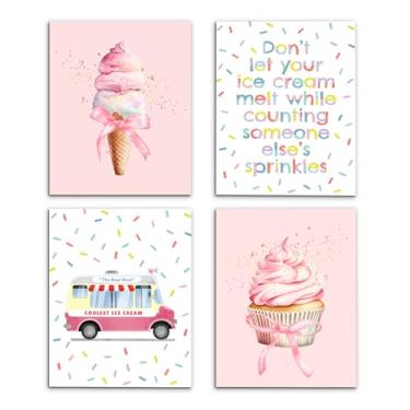 Imagem de VIIJJUE Decoração de parede rosa para berçário, conjunto de 4 impressões de arte de parede de bolo de sorvete, arco coquete, decoração de parede para quarto de meninas, sala de jogos, 20 x 25 cm, sem