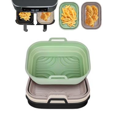 Imagem de Pacote com 4 forros de silicone dobráveis para fritadeira de ar dupla Foodi de 8QT-10QT, panela retangular de silicone reutilizável, inserção antiaderente para acessórios Ninja/Cosori Dualzone