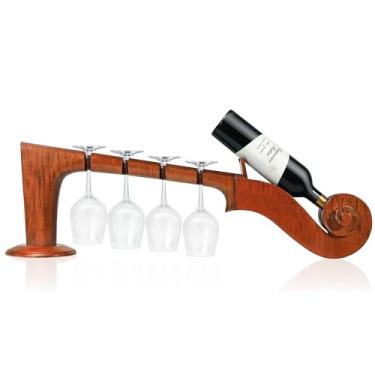 Imagem de YWYLL Rack de vinho de madeira maciça inspirada em violino - comporta 1 garrafa e 4 copos, decoração de bancada de mesa sem montagem para cozinha, bar ou presente, feito à mão por mestres artesãos