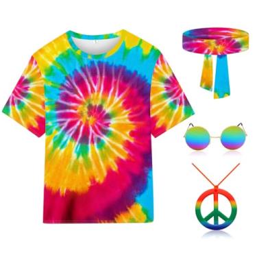 Imagem de Fantasia hippie para homens e mulheres, conjunto de roupa masculina dos anos 60 e 70, colorido, hippie, óculos de sol, faixa de cabeça, colar de paz, Redemoinho Tie Dye, G