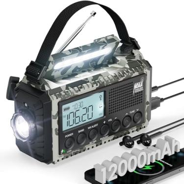 Imagem de Rádio de emergência, 12000 mAh de longa duração, manivela para energia de emergência, AM/FM/SW/7 NOAA Weather Bands, SOS, carregador de celular, lanterna brilhante, rádio solar portátil para kit de