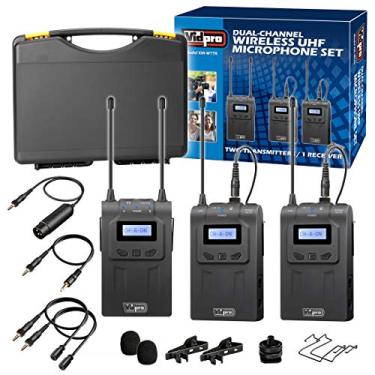 Imagem de Vidpro Conjunto de microfone Lavalier sem fio UHF de canal duplo XM-WTTR com 2 transmissores e 1 unidade receptora combinando transmissões de áudio em entrevistas para 2 pessoas, ENG/EFP e gravação de vídeo DSLR