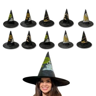 Imagem de Kit 10 Chapéu Preto De Bruxa Happy Halloween
