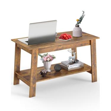 Imagem de Mesa de centro de 80 cm com armazenamento de 2 níveis, mesa de sala de estar retangular industrial moderna, estrutura compacta de MDF e placa de partículas, durável e fácil montagem, ideal para