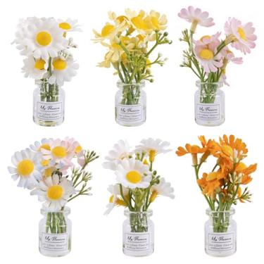 Imagem de Framendino, Pacote com 6 mini vaso de margarida de vidro ornamentos de flores artificiais em miniatura para decoração de interiores de painel de carro