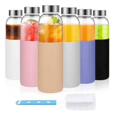 Imagem de Luxfuel Garrafas de suco de vidro transparente de 510 g com tampas e manga de silicone, garrafas de água de vidro reutilizáveis com tampa de aço inoxidável para sucos, geladeira, 100% à prova de