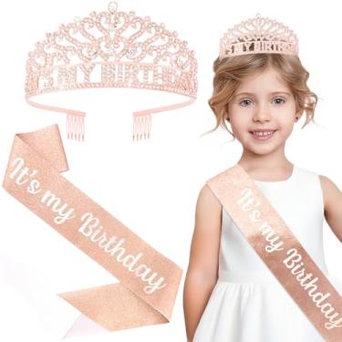Imagem de CUBACO Coroa e faixa de feliz aniversário para mulheres, meninas, Its My Birthday Tiara para mulheres, tiara de princesa, coroa de acessórios de cabelo, decorações de festa com glitter, ouro rosa