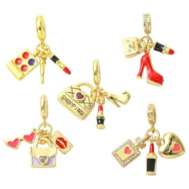 Imagem de Stiesy 5 peças, tema feminino, latão, esmaltado, pingente europeu, 5 estilos, sombra, batom, bolsas de sol, perfume, óculos de sol, banhado a ouro 18 K, pingentes pendentes pendentes para fazer joias