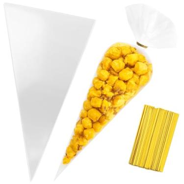 Imagem de 100 unidades de sacos transparentes em forma de cone de 17 x 38 cm - bolsas em forma de triângulo celofane/cenoura com laços | Ideal para formatura, festas, doces, pipoca e lanches | Sacos decorativos