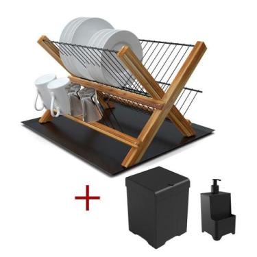 Imagem de Kit Cozinha Escorredor De Madeira Com Bandeja + Lixeira 5,4l + Dispens