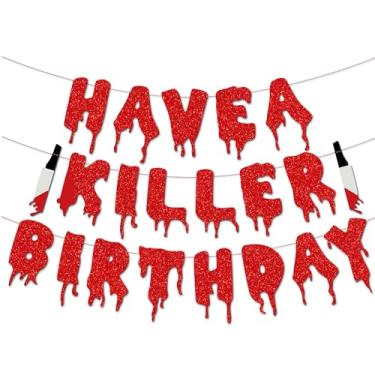 Imagem de Faixa de festa de aniversário Have a Killer, decorações de festa de aniversário de terror de Halloween, decorações de festa de dia do nascimento de filme de terror sangrento de Halloween, suprimentos