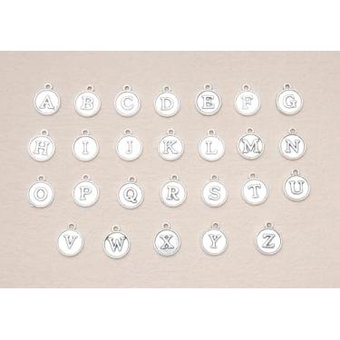 Imagem de 2 conjuntos de pingentes de letra A-Z alfabeto maiúsculo metal redondo 0,6 x 0,5 polegadas, lindos mini pingentes vintage para mulheres, faça você mesmo, joias, colar, pulseiras, brincos chaveiro, One