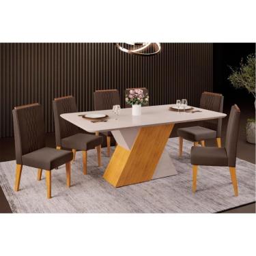 Imagem de Sala De Jantar Completa Rubi Tampo Madeirado C- Vidro Curvo 170x90cm E 6 Cadeiras Lia Cedro-off White-off White - Suede Moca - Dj Móveis