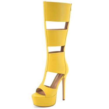 Imagem de Perisis Sandálias gladiadoras plataforma até o joelho para mulheres sexy aberto peep toe salto alto stiletto moda verão vestido festa dança botas com zíper, Poliuretano amarelo, 38
