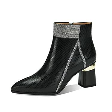 Imagem de TinaCus Bota feminina feita à mão de couro genuíno com zíper lateral brilhante bico fino salto grosso médio, Preto, 36