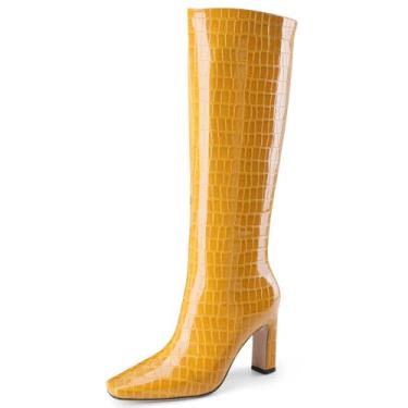 Imagem de Perisis Botas de cano alto femininas pretas longas botas altas de salto alto grosso bico quadrado padrão crocodilo botas de couro com zíper lateral para mulheres sexy, Padrão amarelo, 35