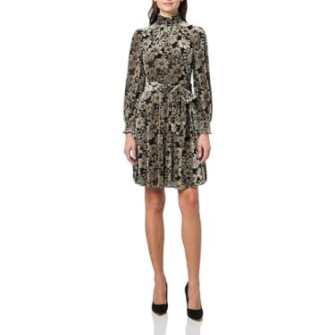 Imagem de Eliza J Vestido feminino evasê evasê com manga balão e gola redonda de veludo, Preto, prata, 38