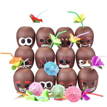Imagem de PAKCHOICE Pacote com 12 copos de coco de plástico havaiano, faça-você-mesmo tropical havaiano Luau Tiki e decorações de festa na praia para crianças e adultos com 12 adesivos, 13 canudos e 13 palhetas
