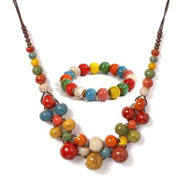 Imagem de KURTCB Pulseira feminina Boho Hippie com contas de cerâmica para Ação de Graças Outono Joias Declaração Grossa Boêmia Colorida Miçangas Colar Pulseira, free size, Cerâmica, Sem Pedra Preciosa