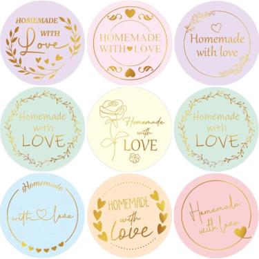 Imagem de WorldBazaar Adesivos caseiros com amor, 500 peças, folha dourada, adesivo caseiro, assado com amor, para loja de panificação, etiquetas de presentes de casamento, aniversário, Natal, suprimentos para