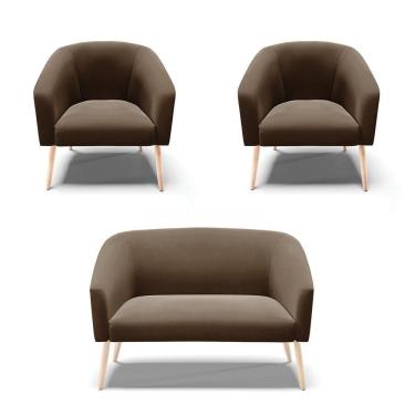 Imagem de Kit 1 Namoradeira 2 Lugares E 2 Poltronas Marrom Pés Palito