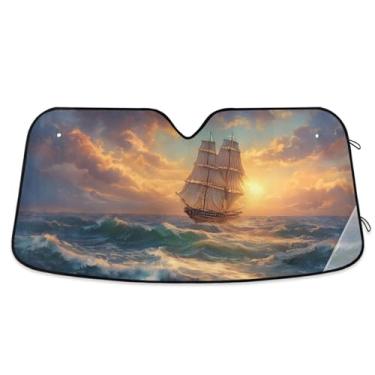 Imagem de ATTX Pára-brisas de carro com pintura a óleo de barco à vela 139.7 cm x 70.1 cm Escudo solar universal com proteção UV, persiana de janela frontal automática dobrável para caminhões Sedans SUVs #207