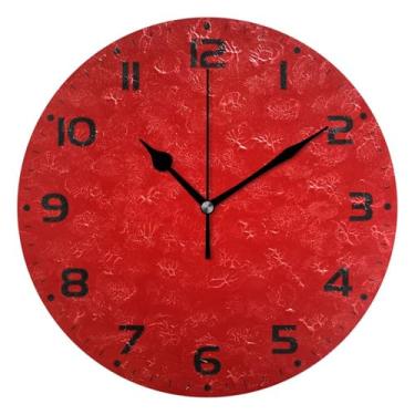 Imagem de JUZIHAI Relógio de parede liso vermelho cor sólida silencioso, sem tique-taque, relógios de parede redondos operados por bateria, fácil de ler, relógio decorativo de parede para casa, cozinha, sala de