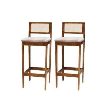 Imagem de Kit 2 Banqueta Alta de Madeira com Assento Estofado e Encosto em Palhi