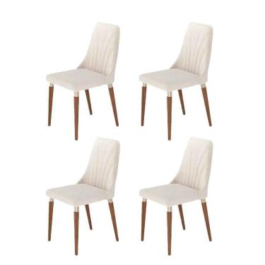 Imagem de Kit de 4 Cadeiras de Madeira Maciça Estofada Lara - Natural c/ Linho Off White - Champanhe