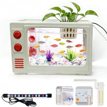 Imagem de Kit de aquário de aquário de 3 galões com luzes LED, filtro e plantador de plantas - design retrô em forma de TV, jardim aquático de mesa para betta/peixe dourado (branco - 3 galões)