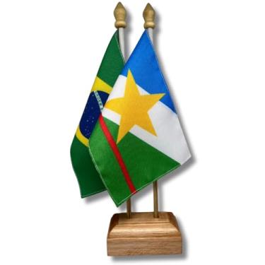 Imagem de Bandeira de Mesa Elegance Brasil e Roraima, Dupla Face, 19x13cm, Base Madeira 30cm Altura, Oxford, Decorativa, Escritório e Eventos