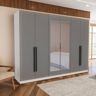 Imagem de Guarda Roupa Roupeiro 6 portas 4 gavetas com Espelho Valência Branco Cinza Politorno Móveis