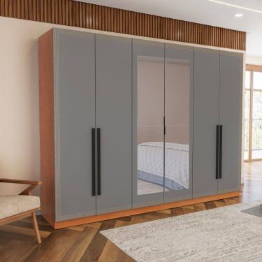 Imagem de Guarda Roupa Roupeiro 6 portas 4 gavetas com Espelho Valência Freijó Cinza Politorno Móveis