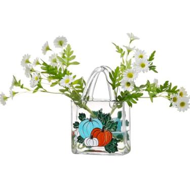 Imagem de CYGJSYEA Vaso de saco de vidro, vaso de bolsa, vaso estilo bolsa, vasos exclusivos de vidro transparente com alça, padrões desenhados à mão, adequado para casamentos, festas, decoração de casa