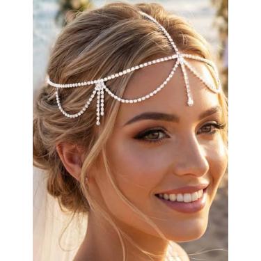 Imagem de Yokawe Joias de corrente de cabeça de strass, acessório de cabelo de noiva de prata, acessórios de cabelo para festas de formatura brilhantes (B)