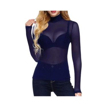 Imagem de Camiseta Feminina Preta Ultra-Fina De Malha Com Manga Longa, Top Sexy 