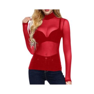 Imagem de Camiseta Feminina Preta Ultra-Fina De Malha Com Manga Longa, Top Sexy 