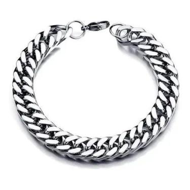 Imagem de Pulseira Grossa Masculina Elo Duplo Aço Inox Legítimo Prata - REALIZA 