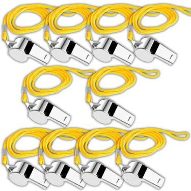 Imagem de Kit 10 Apitos De Metal Com Cordão Profissional Esporte Cor Prateado - 