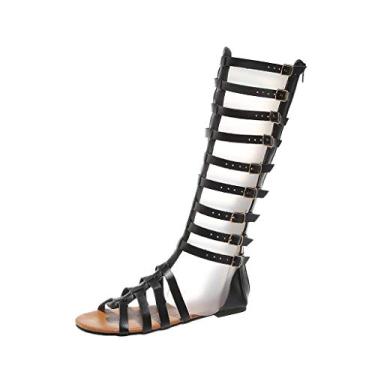 Imagem de Sandálias femininas casuais de verão com bico aberto gladiador botas até o joelho sapatos de salto plano retrô sandálias boêmia de praia, Preto, 11