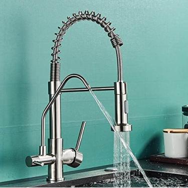Imagem de Torneira de cozinha para água potável, filtro giratório, água pura, quente e fria, misturador de água, torneira de cozinha de primavera, guindaste de montagem em deck, níquel escovado A
