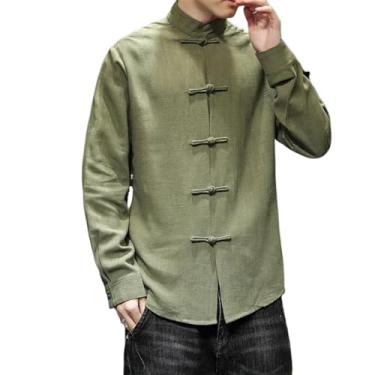 Imagem de Camisa masculina com botões chineses primavera outono algodão linho manga longa cor sólida casual cardigã masculino business top, Armyen8, GG