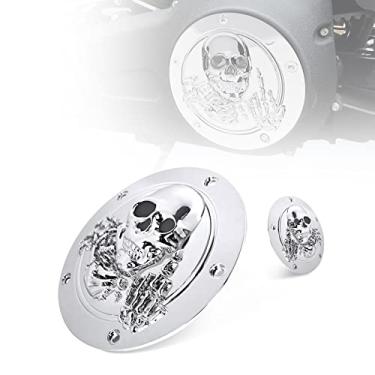 Imagem de Hutexico Capa de temporizador 3D Skull Derby e capas de pontos 5 furos para Harley Twin Cam Touring Road King Electra Glide FLHR FLHX FXST Dyna Derby Cover Capa de sincronização do motor (cromado B)