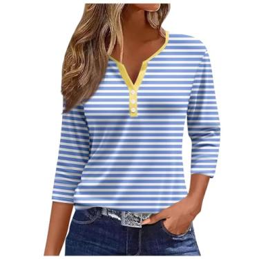 Imagem de Camisetas femininas de manga 3/4 de comprimento com botões e gola Henley confortáveis camisetas com estampa floral, Ofertas relâmpago azul claro, G