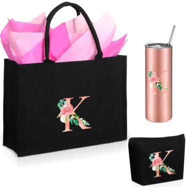 Imagem de Huhumy Sacola de lona inicial feminina personalizada para presente de aniversário, bolsa de maquiagem, monograma, copo inicial para mulheres, Várias cores, Large