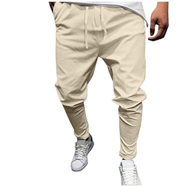 Imagem de Yoyorule Calça esportiva masculina casual de linho cropped de cintura média com bolso de algodão para meninos, Cáqui, M