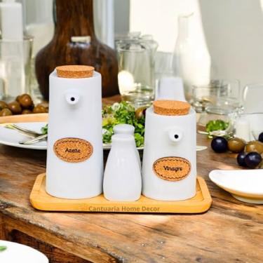 Imagem de Kit Galheteiro Mesa Porcelana 1° Linha Azeite Vinagre Paliteiro Saleiro 5 Peças com Base