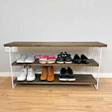 Imagem de Sapateira Banco Industrial de Ferro e Madeira Tabaco e Branco - ArtFac