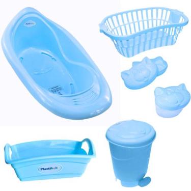 Imagem de Kit banho bebe banheira + cesto lixeira saboneteira e outros azul - LE