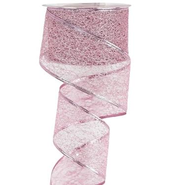 Imagem de MEEDEE Fita de malha de arame rosa com glitter fita de Natal rosa fita de Natal com fio 6 cm fita rosa com fio para decoração de árvore de Natal, guirlanda de fita, fabricação de laços de guirlanda